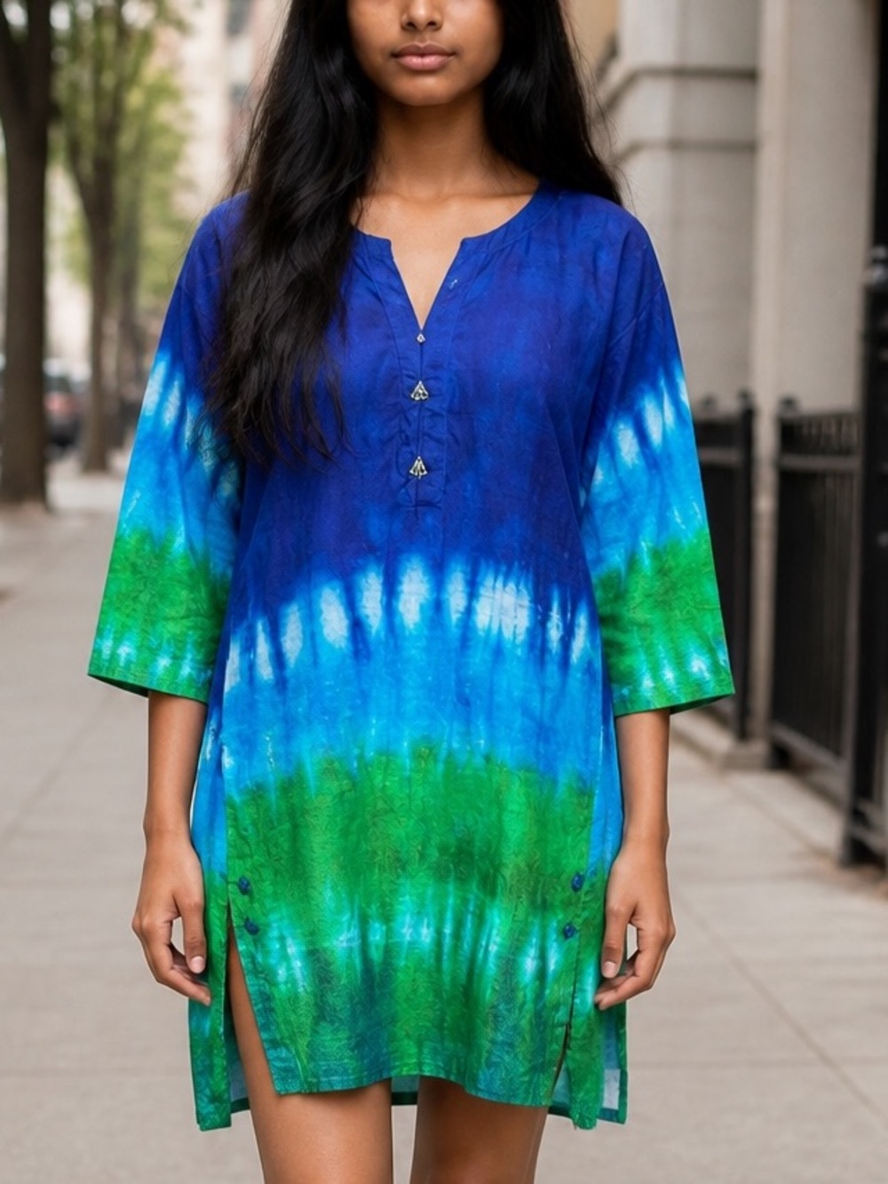 Kaas RTW Printed blue and green tie-dye cotton tunic with 3/4 sleeves Sz M